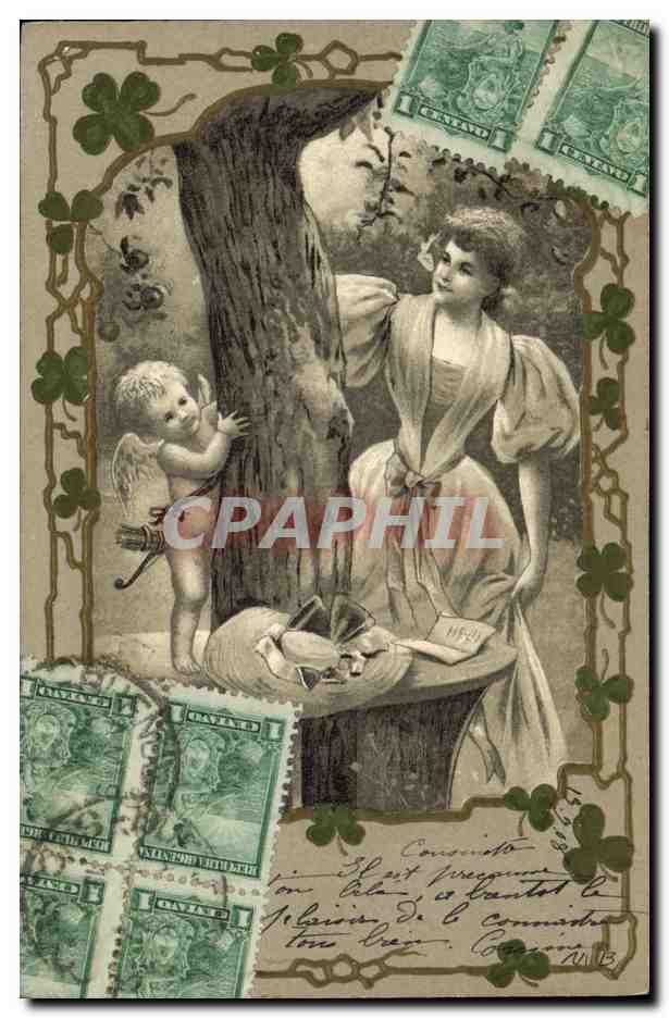Femme et Cupidon sous un arbre — éditeur non visible — n° de série non visible