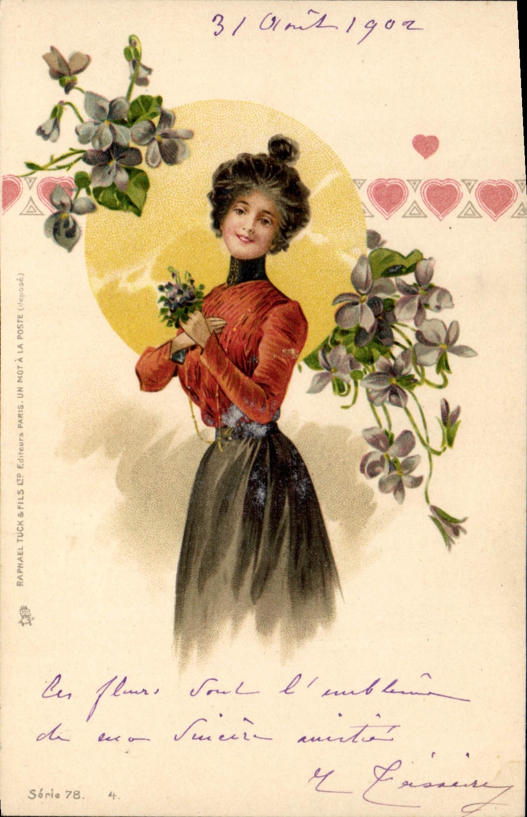 Femme avec violettes — éditeur Raphael Tuck & Fils, série 78 — datée 31 août 1902