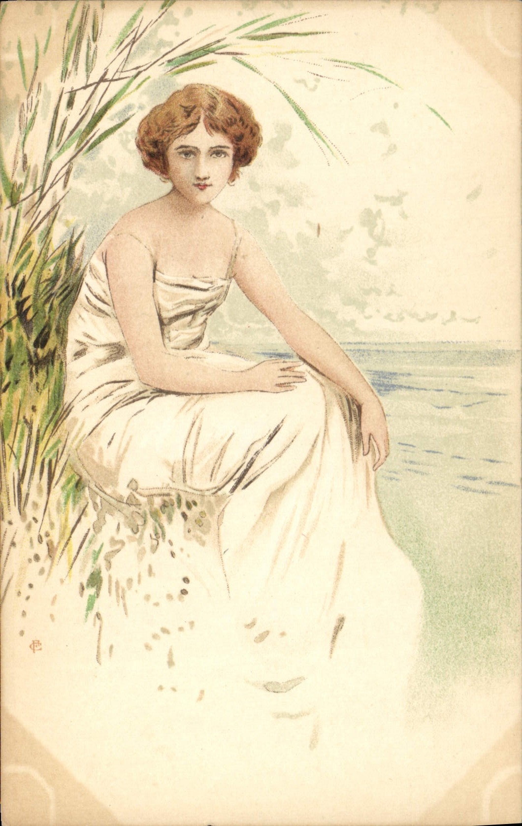 Jeune femme en robe blanche — au bord de l'eau — éditeur non identifié
