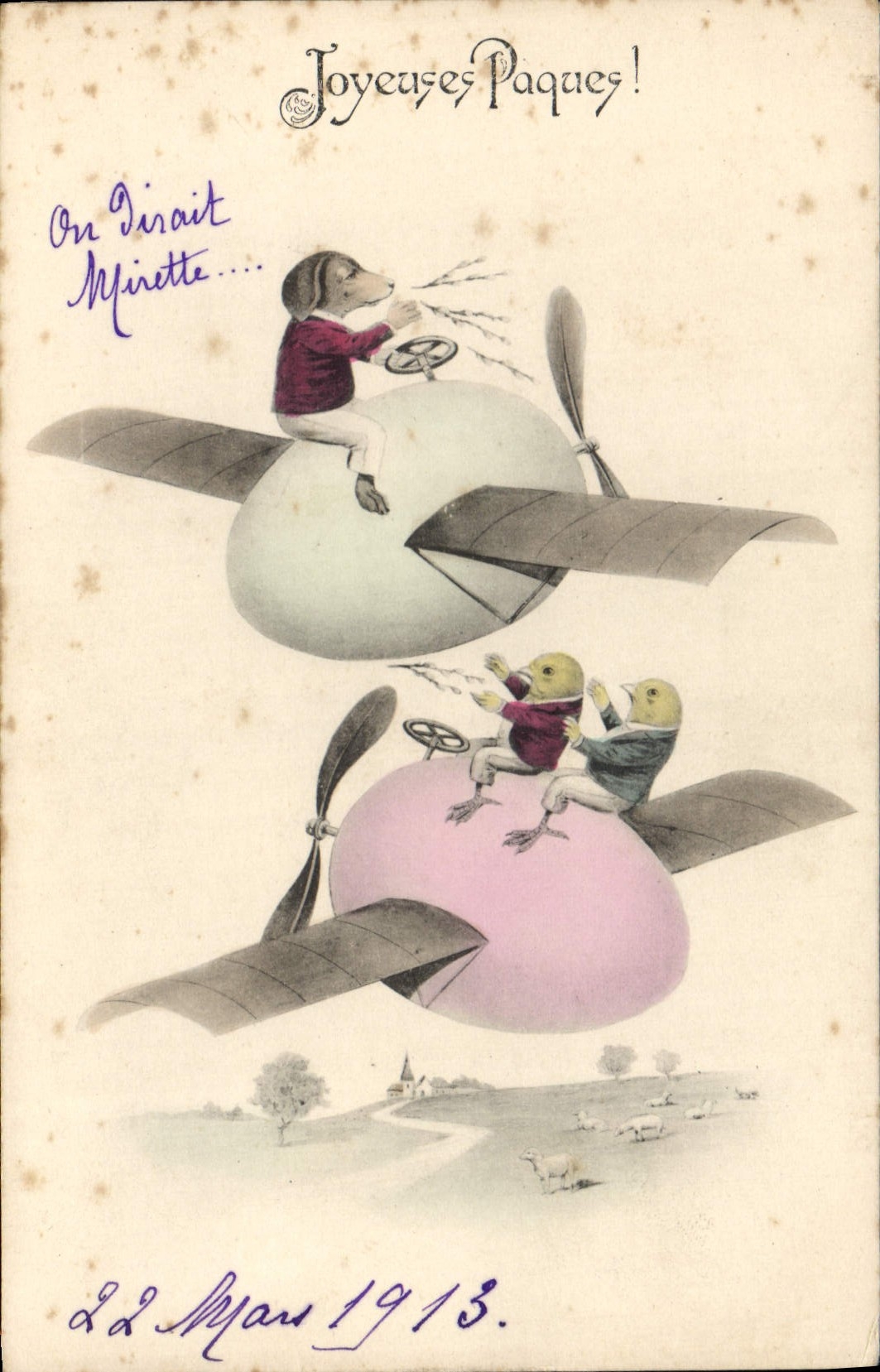 CPA Fantaisie Chien Poussins oeuf Avion Paques 