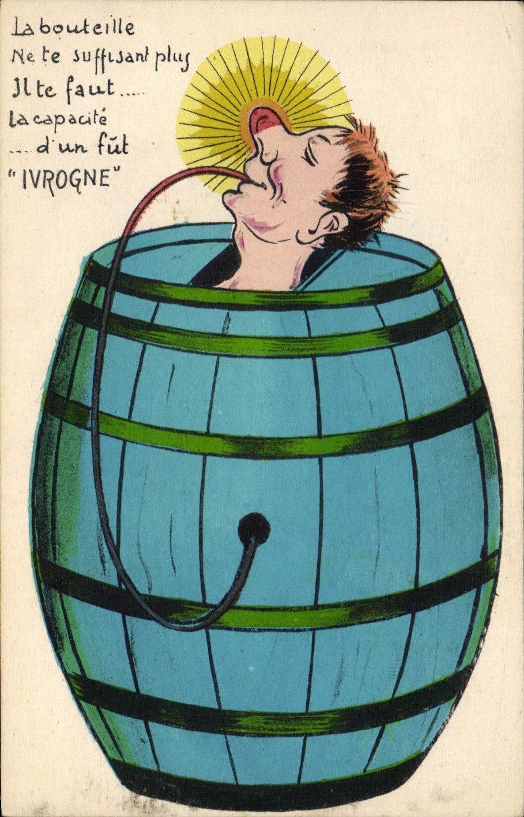 Homme ivre dans un fût — caricature — M.G.A. n°6