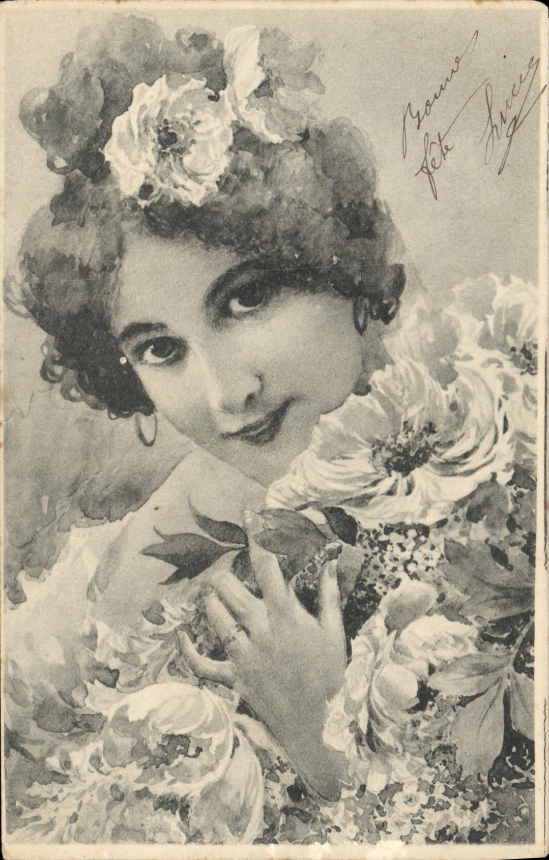 Femme aux fleurs — illustration artistique — éditeur non identifié