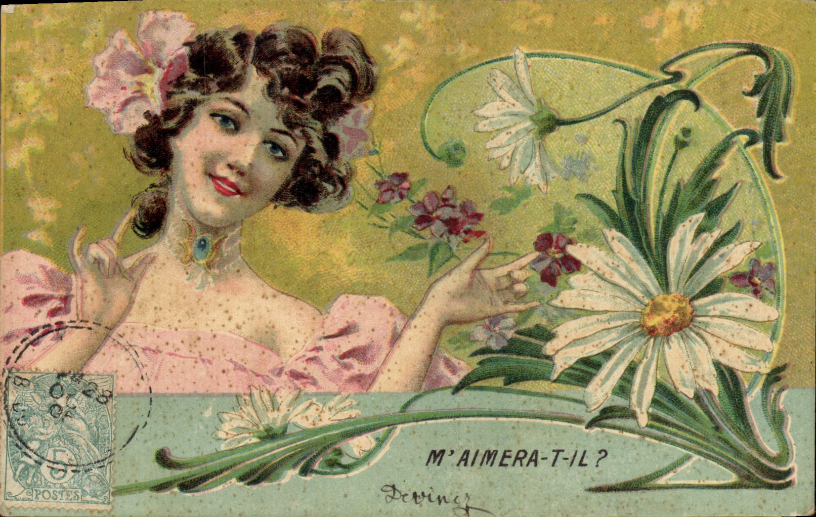 Jeune femme aux fleurs — M'AIMERA-T-IL ? — Deviney
