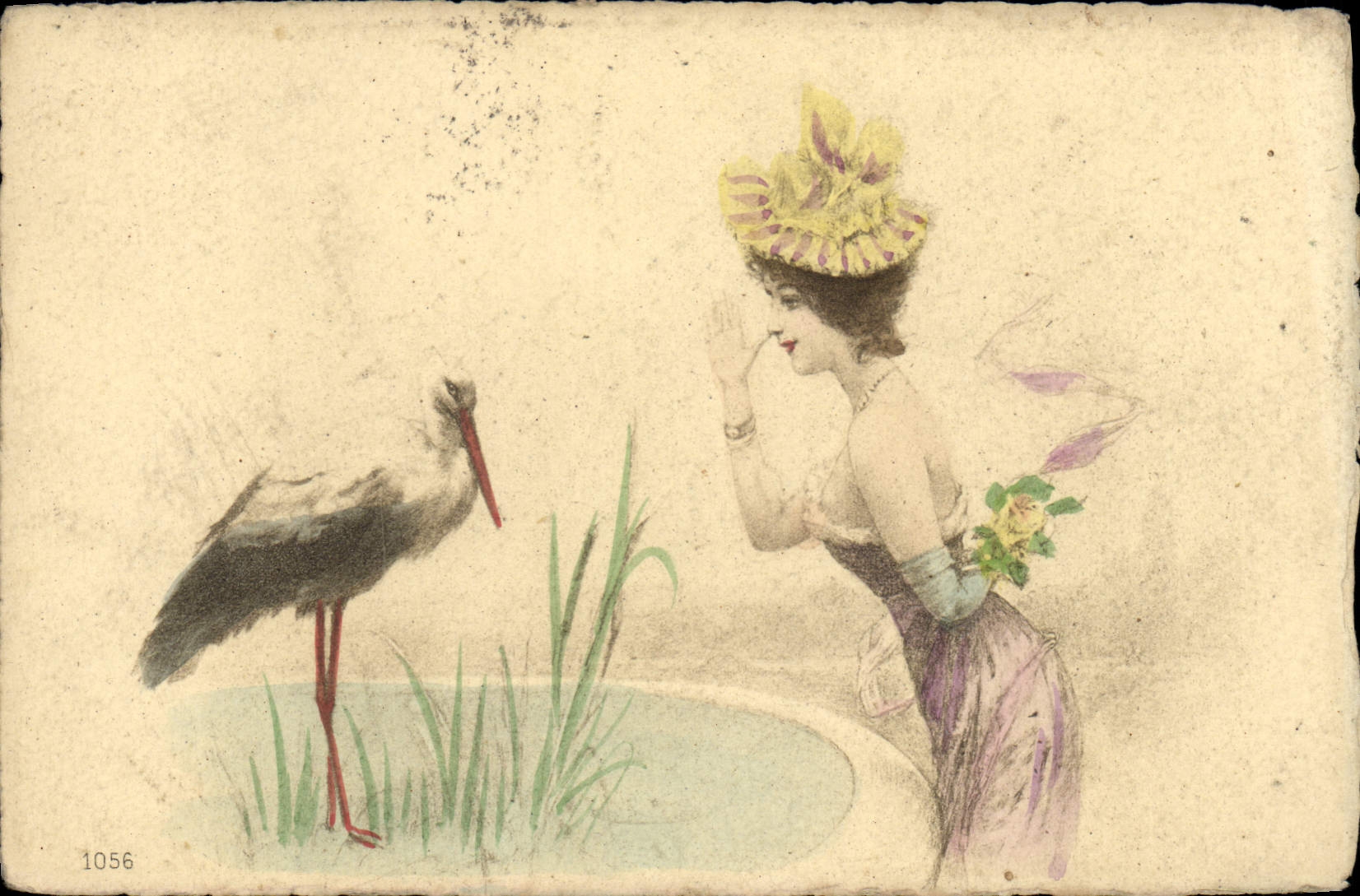 Femme et cigogne — scène de nature — éditeur non identifié, n° de série 1056