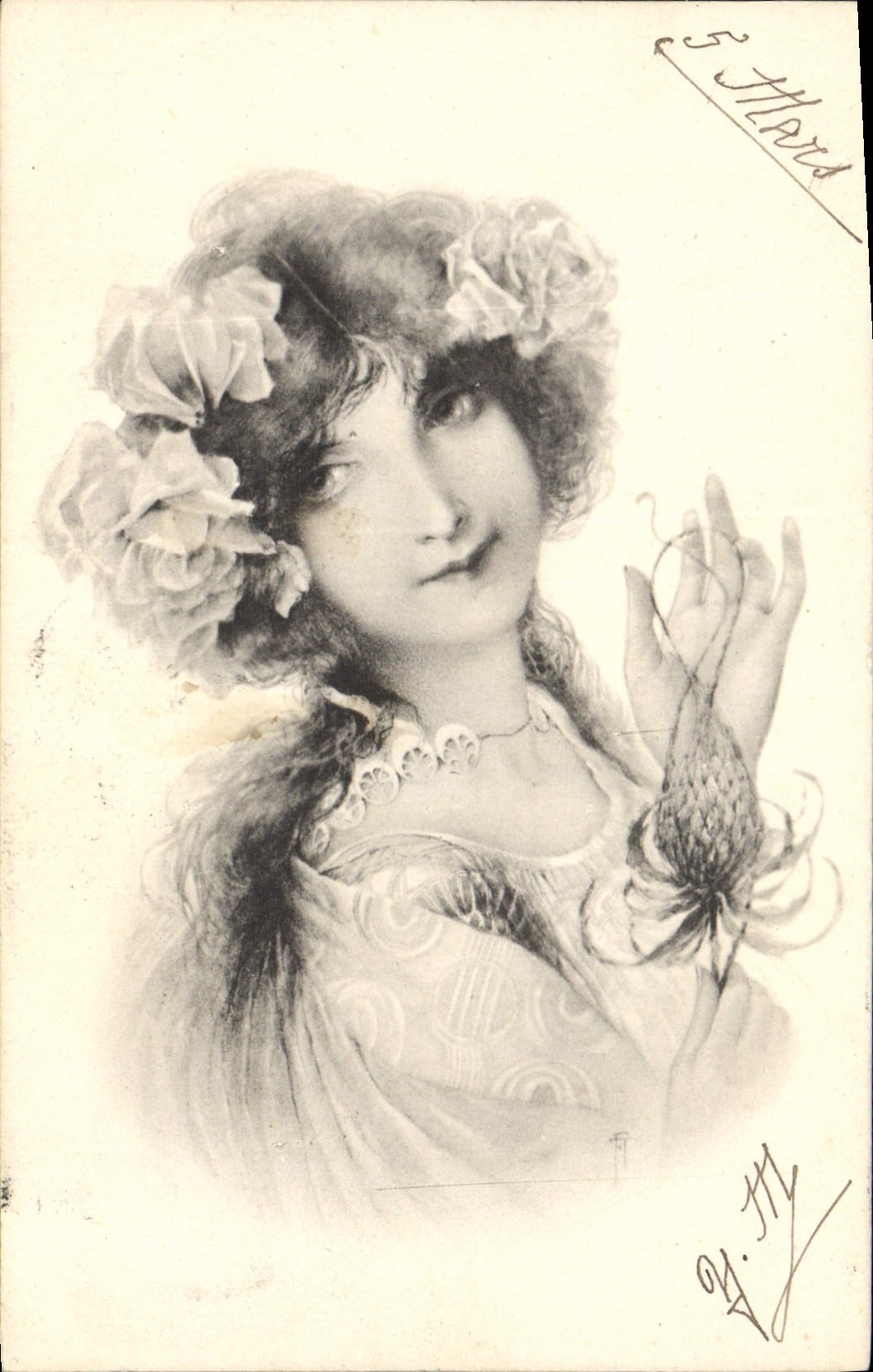 Jeune femme à fleurs — portrait — Imprimerie M. M. Vienne, n° 5 Hard