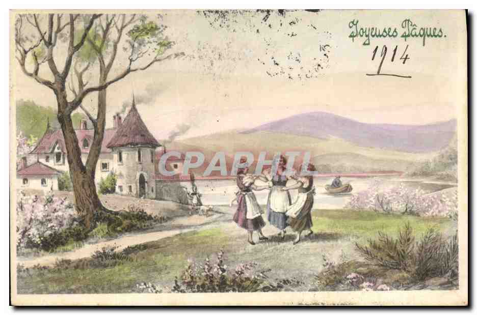 Femmes dansant près d'un château — Joyeuses Pâques 1914 — éditeur non visible