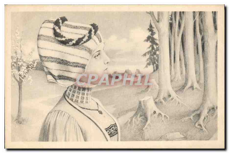 Femme en bonnet à motifs — paysage hivernal — M.M. Vienne, n° 137