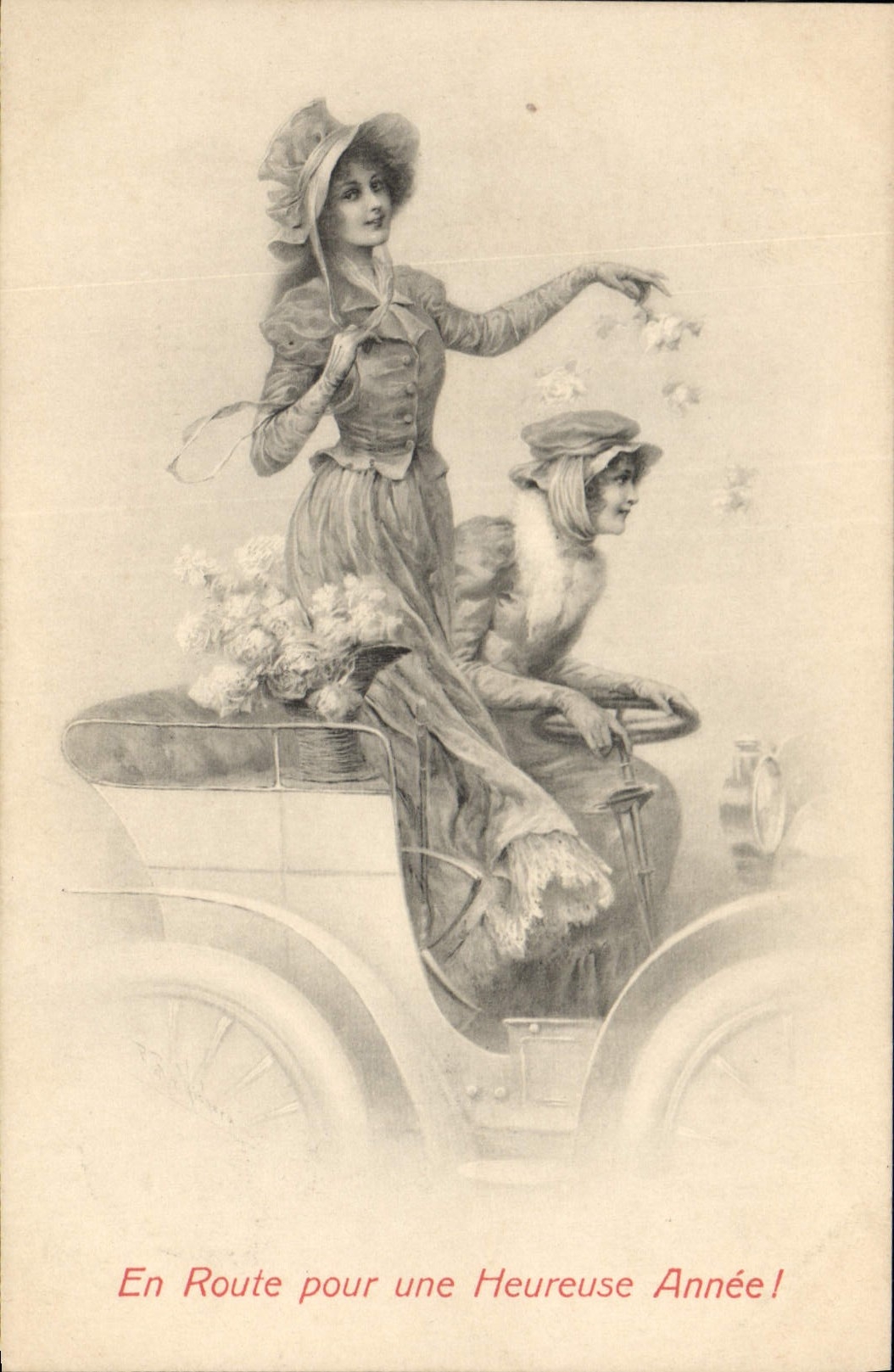 Two women in a car — On the Way to a Happy New Year! — M. M. VIENNE, No. 240