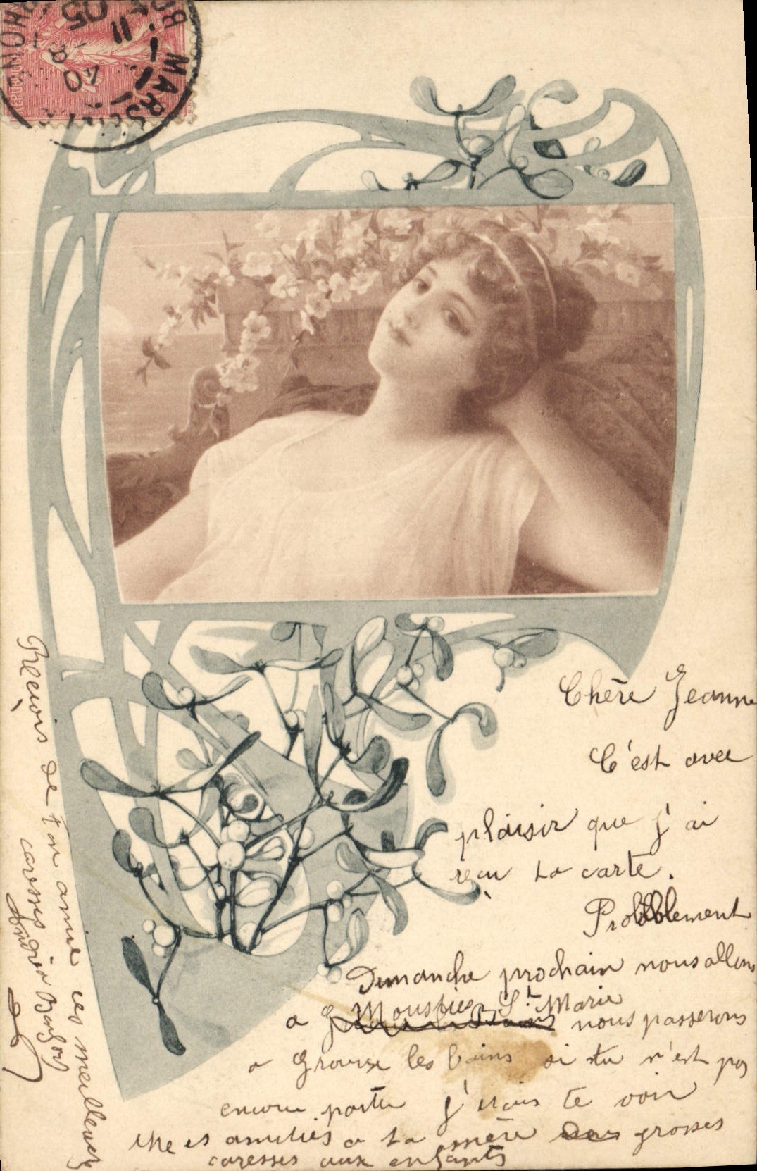 Femme au bord de l'eau — motif floral Art Nouveau — éditeur M. M. Vienne, n° 190