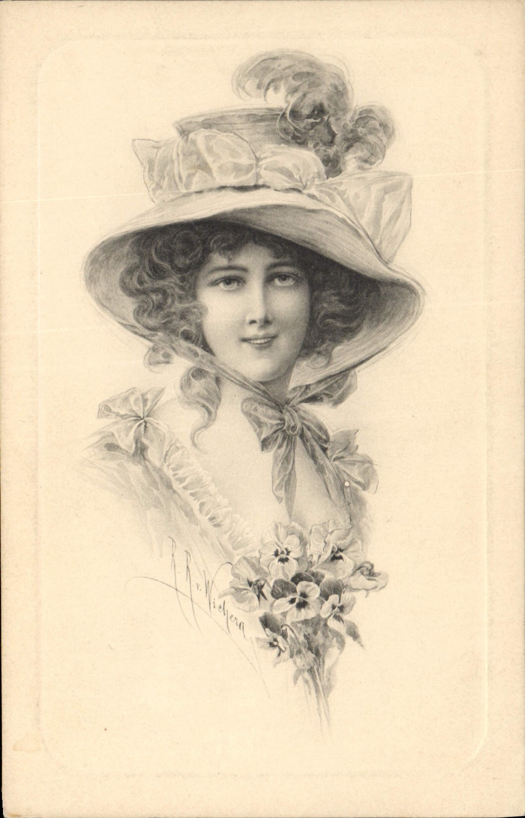 Young woman in a decorated hat — pencil drawing — J. D. Noherea