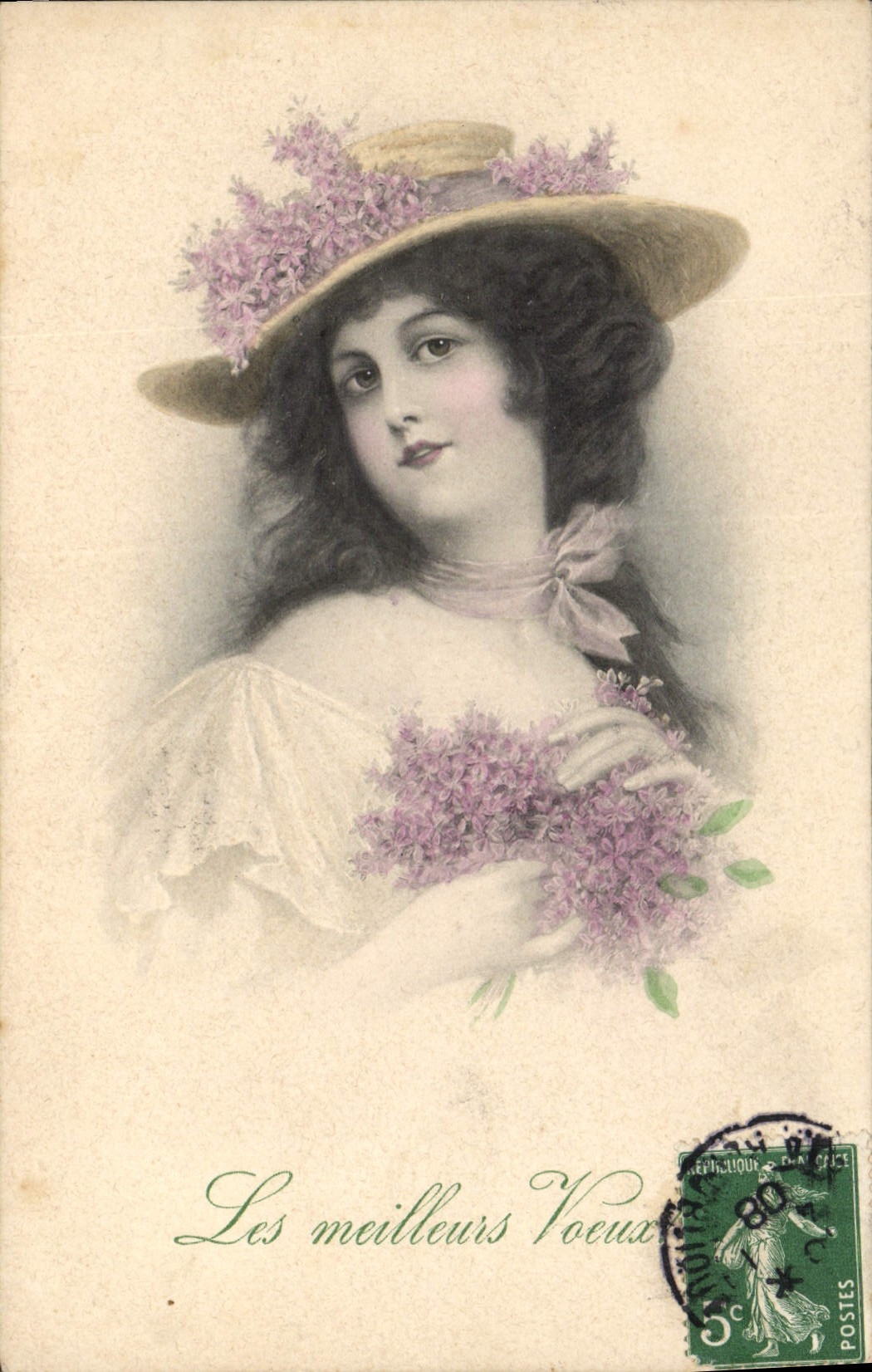 Jeune femme avec lilas — carte de vœux — M. M. Vienne, Nr. 322