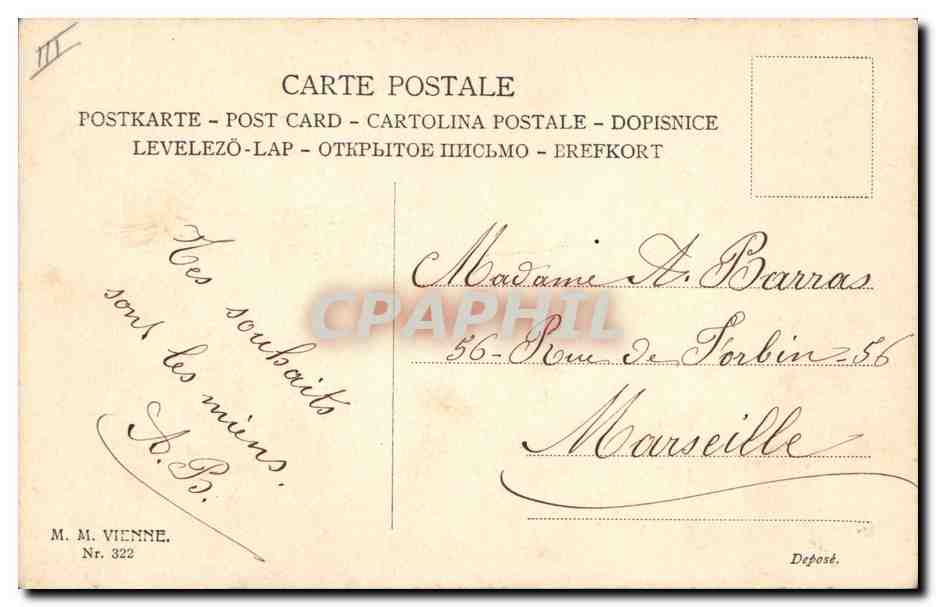 Jeune femme avec lilas — carte de vœux — M. M. Vienne, Nr. 322 — Verso