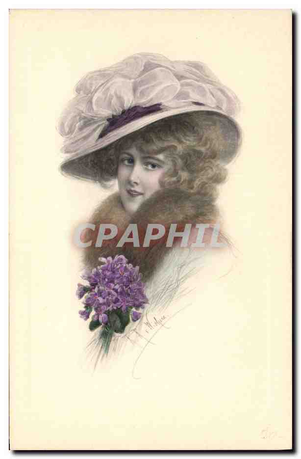 Jeune femme à chapeau et lilas — illustration — M. M. Vienne, n° 450