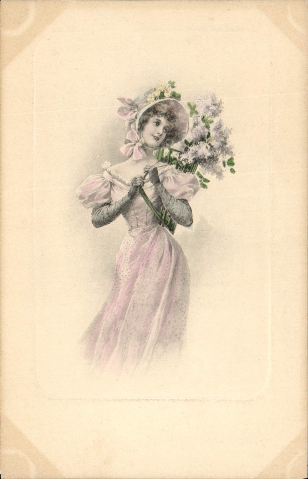 Jeune femme en robe rose tenant un bouquet de lilas — M. M. Vienne, n° 276