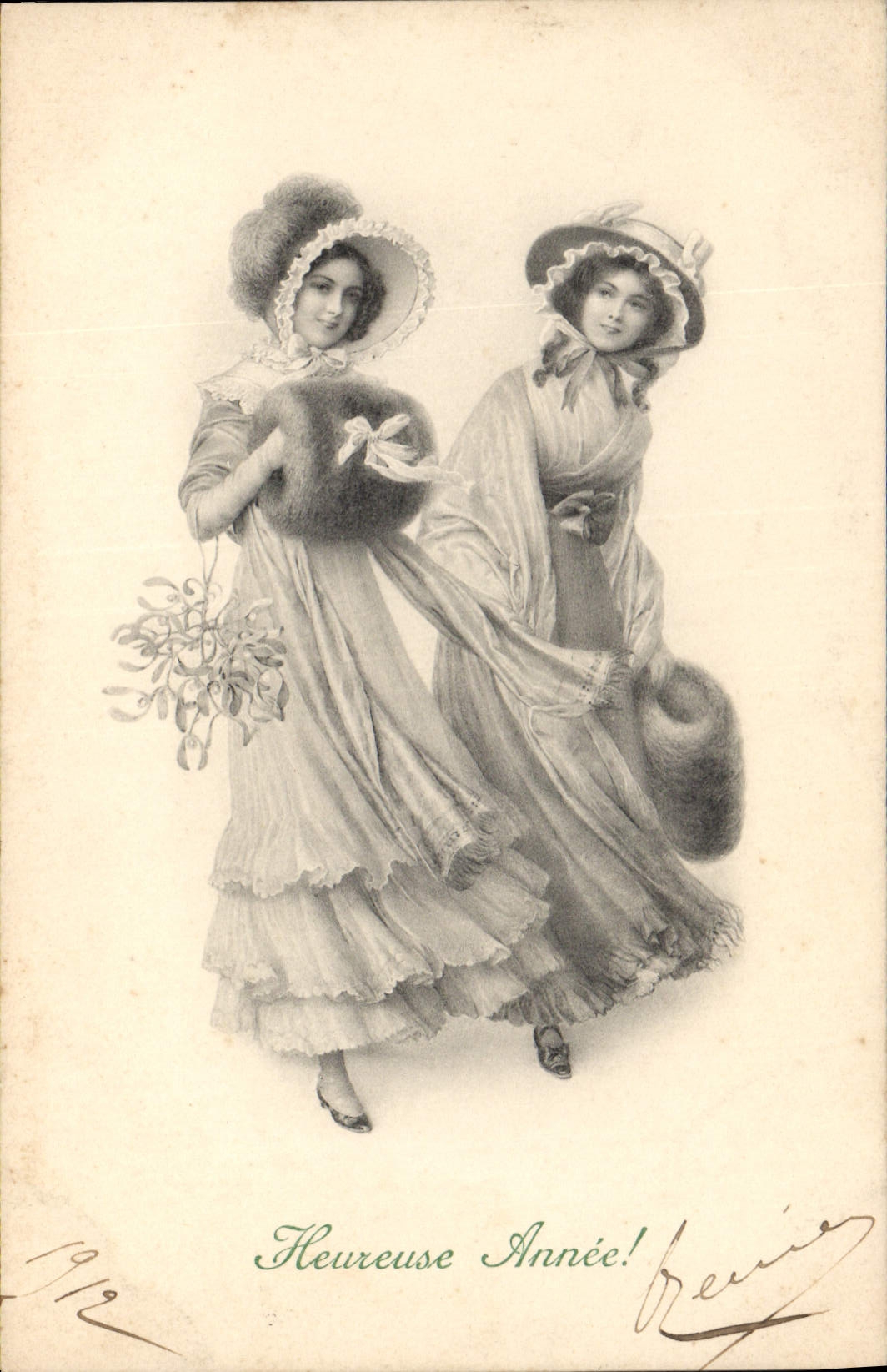 Deux jeunes femmes — vœux de bonne année 1912 — Brevier, n° 599