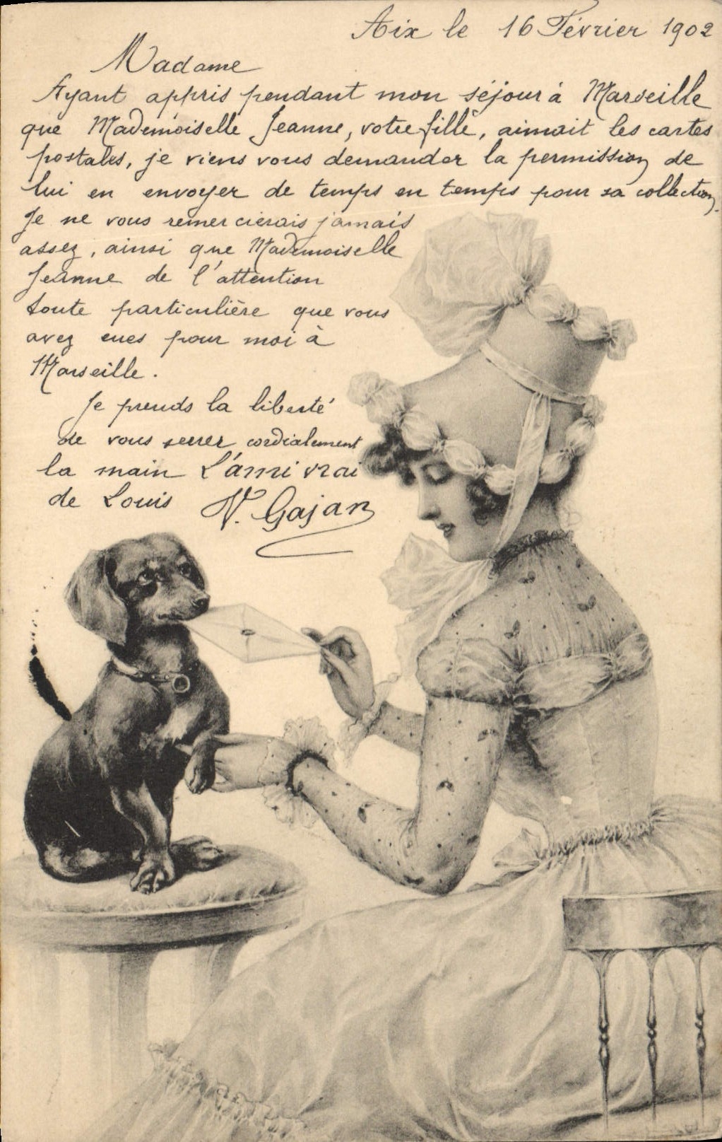 Femme avec chien — scène de carte postale — éditeur M. M. Vienne