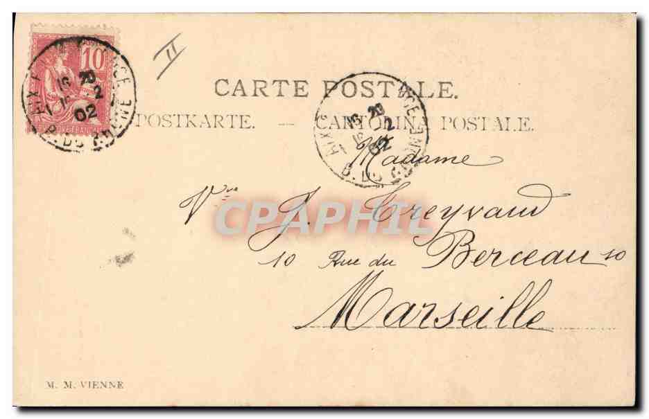 Femme avec chien — scène de carte postale — éditeur M. M. Vienne — Verso