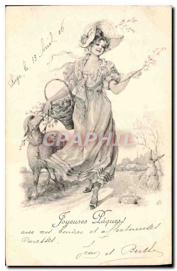 Femme en robe de printemps avec panier et lapins — Joyeuses Pâques — éditeur non visible
