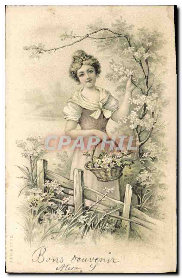 Jeune femme avec panier de fleurs — Bons souvenir — éditeur inconnu, n° de série non visible