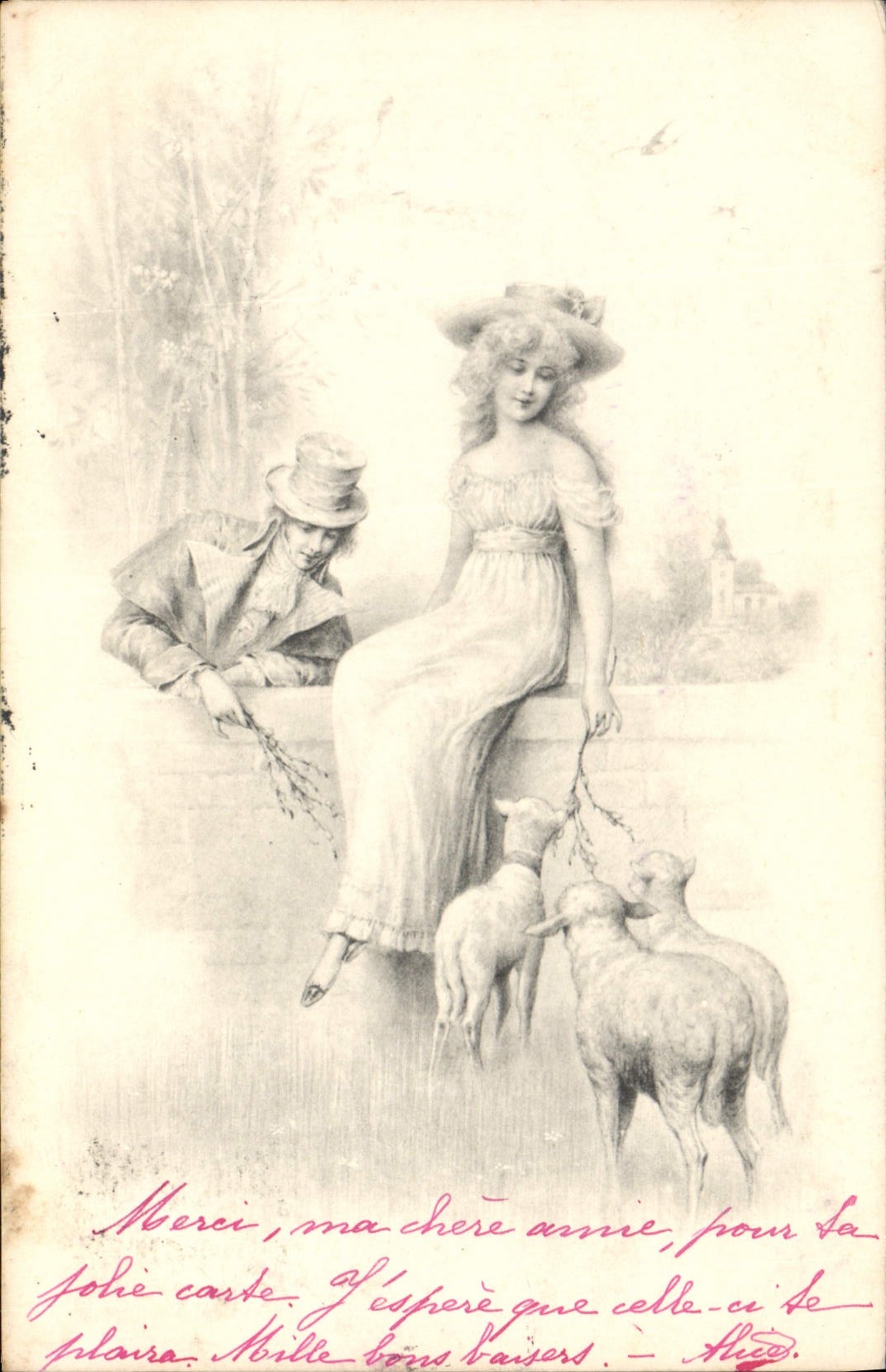 Jeune femme et homme avec moutons — scène bucolique — éditeur non visible