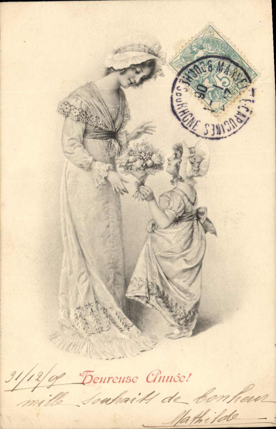 Femme et enfant offrant des fleurs — Deureuse Année! — M. M. Vienne, n° 194