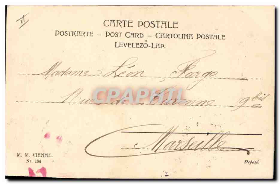 Femme et enfant offrant des fleurs — Deureuse Année! — M. M. Vienne, n° 194 — Verso