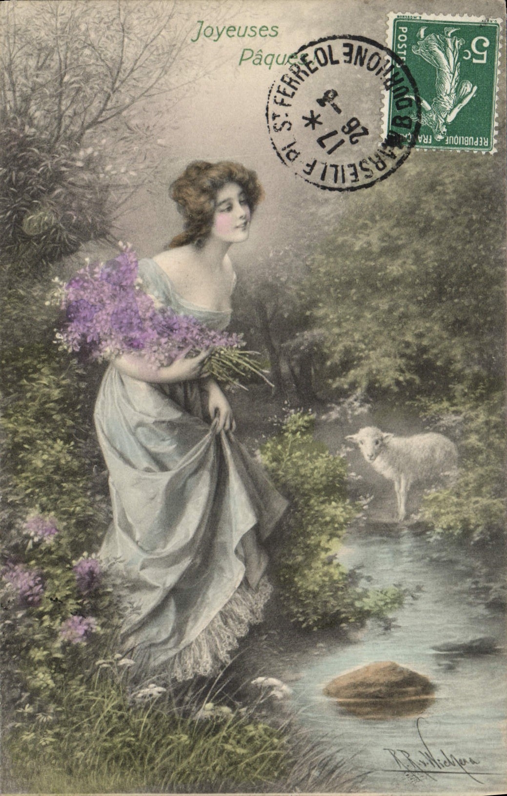 Jeune femme avec bouquet de lilas — Joyeuses Pâques — M. M. MUNK, n° 517