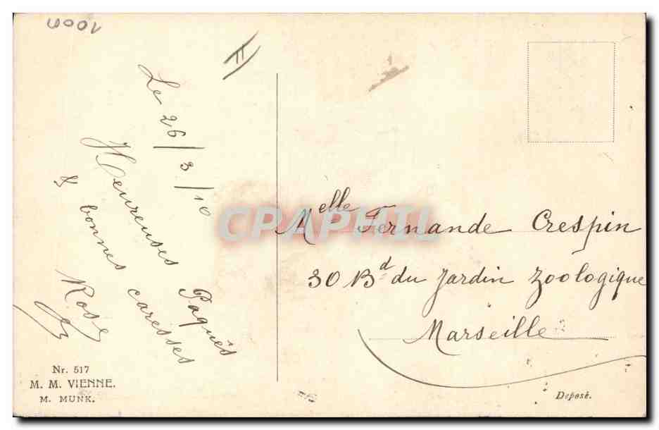 Jeune femme avec bouquet de lilas — Joyeuses Pâques — M. M. MUNK, n° 517 — Reverso