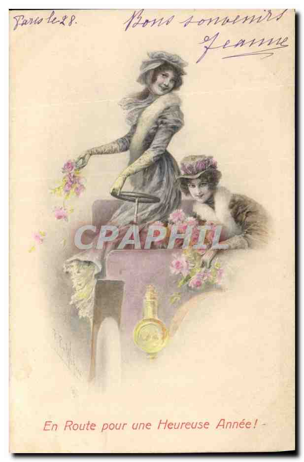 Deux femmes dans une voiture — En Route pour une Heureuse Année! — Éditeur M. M. Vienne, n° 240