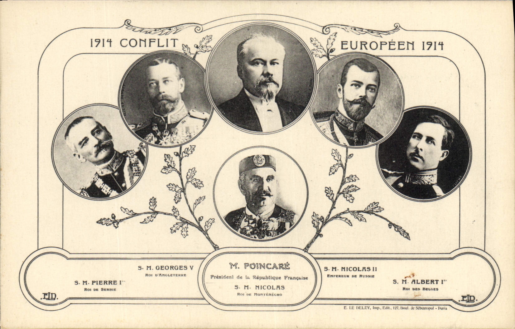 Portrait des dirigeants européens — 1914 Conflit Européen — E. LE DELEY, Imp. 127, Doul. de Sébastopol - Paris