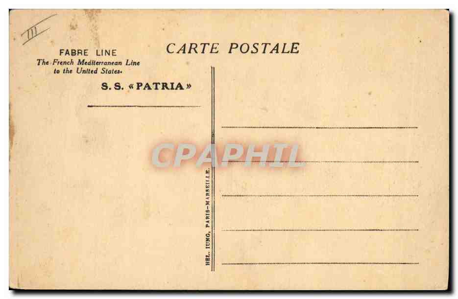 CPA Bateau Paquebot SS Patria Fabre Line — Verso