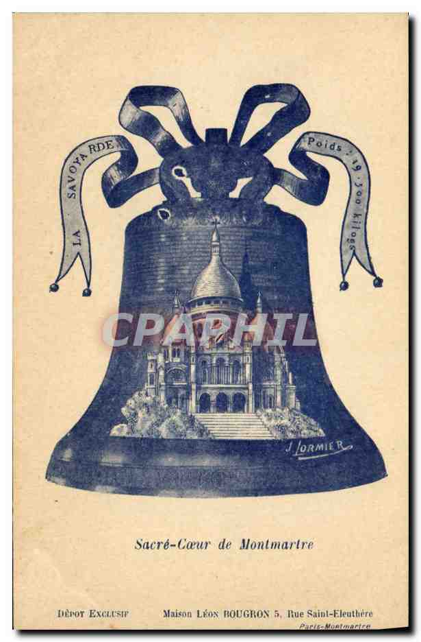 Sacré-Cœur de Montmartre — représenté dans une cloche ornée de rubans — édition Maison Léon Bougron, Paris-Montmartre