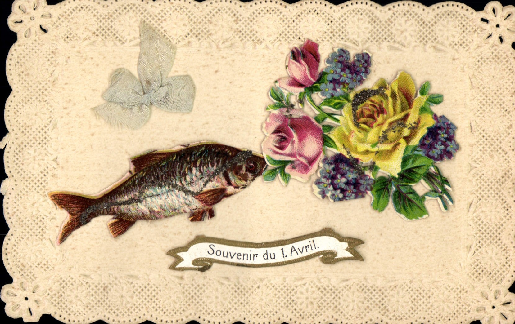 Poisson et bouquet de roses — Souvenir du 1. Avril — Carte postale