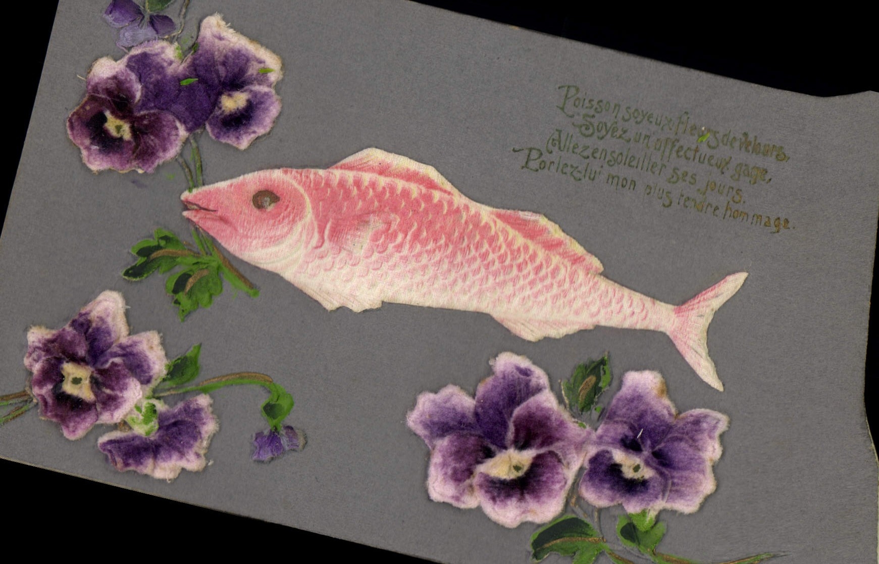 Poisson rose et violettes — carte postale multilingue — éditeur Union postale universelle