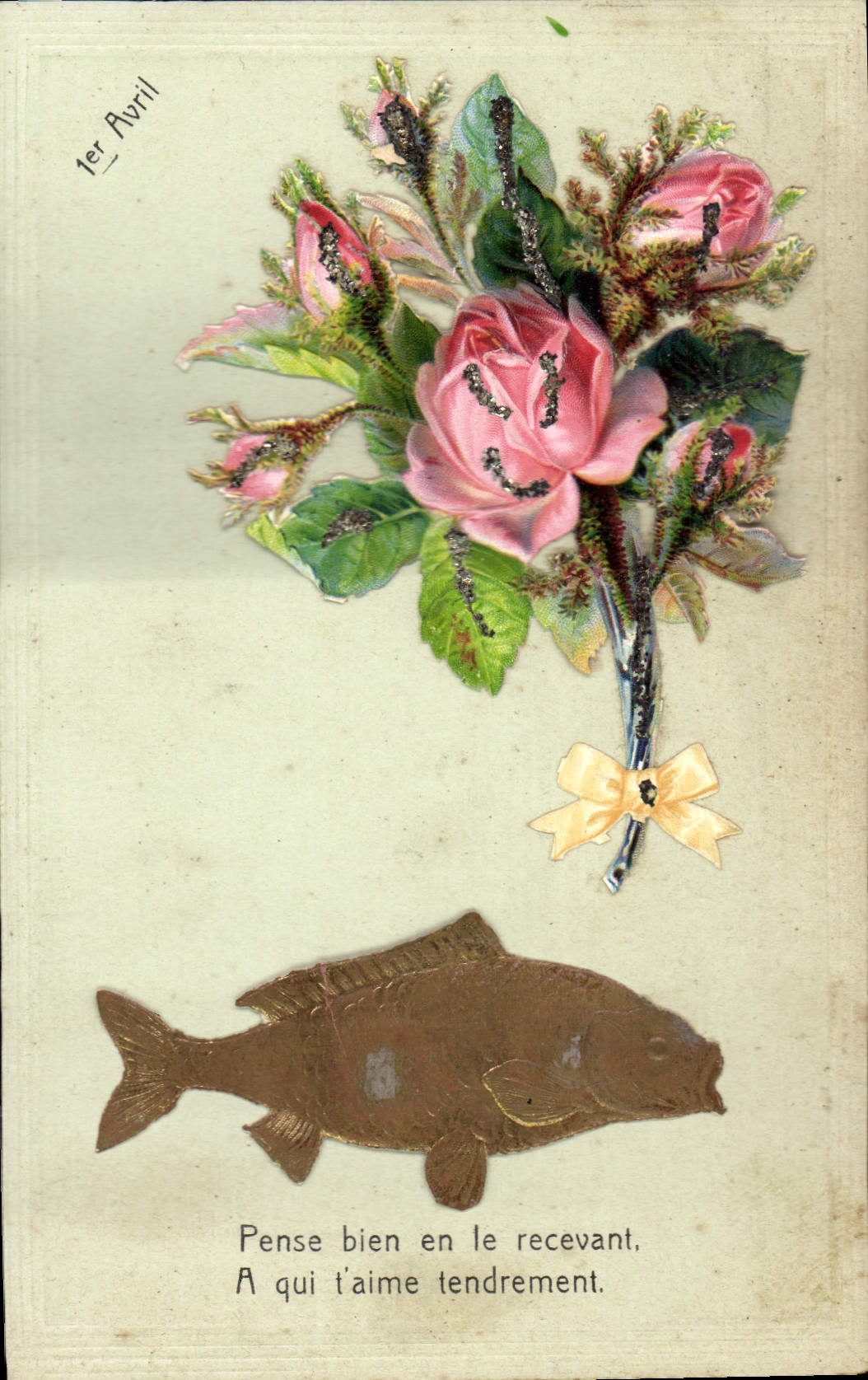 Bouquet de roses et poisson — Jouet de Pâques — Carte imprimée