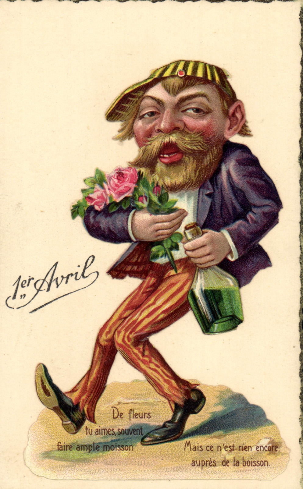 Caricature d'un homme avec fleurs et bouteille — 1er Avril — éditeur non visible