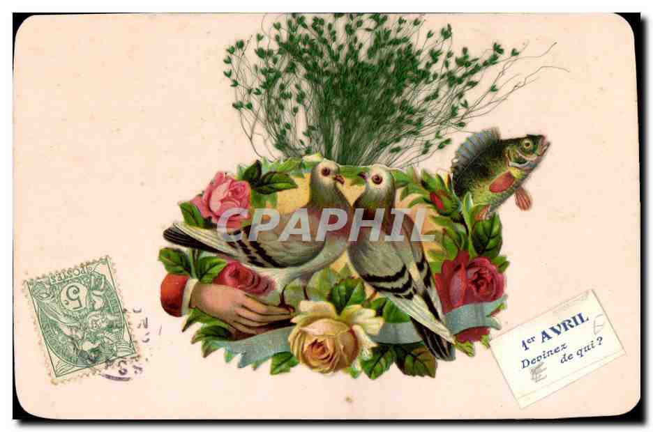 Pigeons, roses et poisson — 1er AVRIL Devinez de qui ? — éditeur non visible