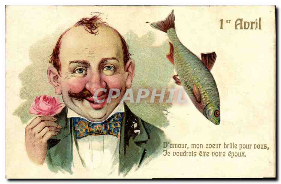 Homme avec rose et poisson — 1er Avril — éditeur non visible