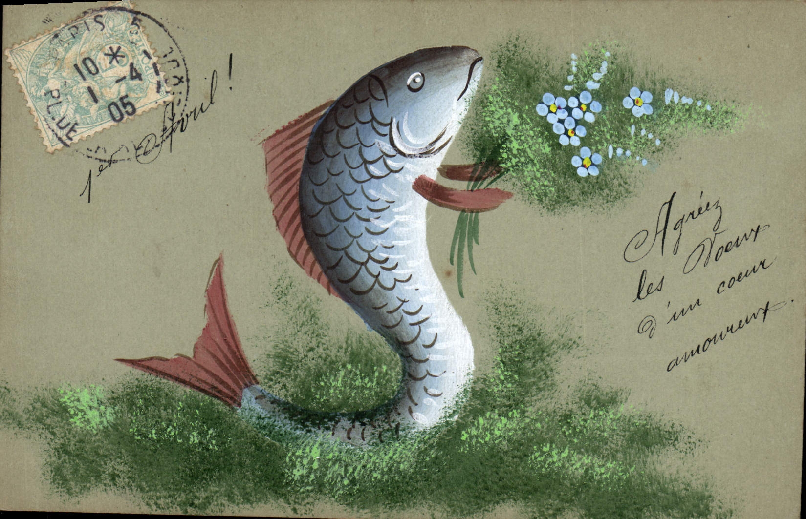 Poisson tenant un bouquet de fleurs — Paris, 1er avril 1905 — éditeur non visible - Recto