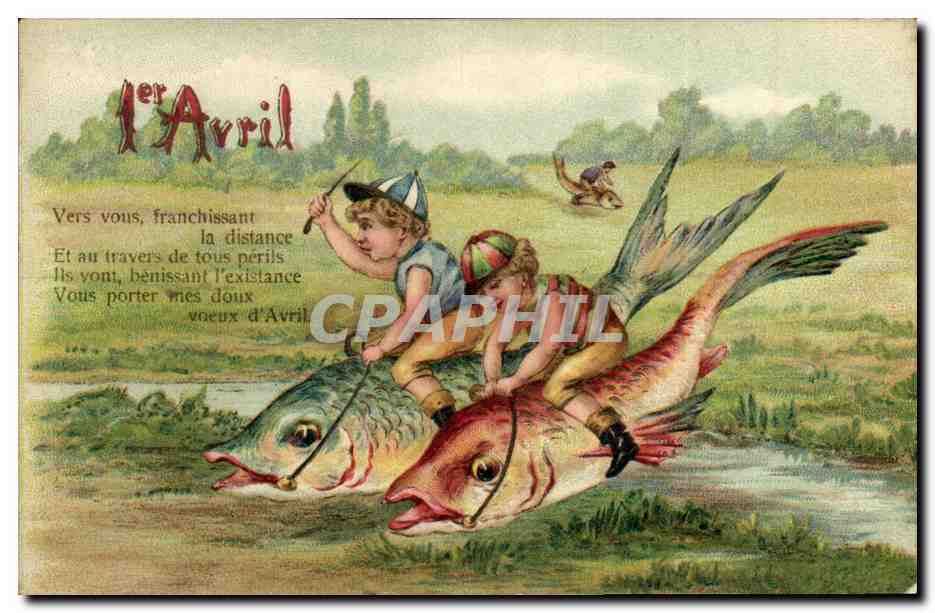 Enfants sur poissons volants — 1er Avril — éditeur N. L. Maser, n° 727