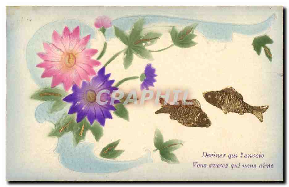 Tarjeta postal antigua Tarjeta postal antigua Fantasía Pascua Pez Flores 1° de Abril