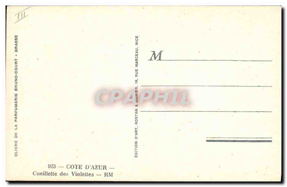 Cueillette des Violettes — Grasse — Côte d'Azur — Édition d'Art Rostan & Marceau, Nice — Verso