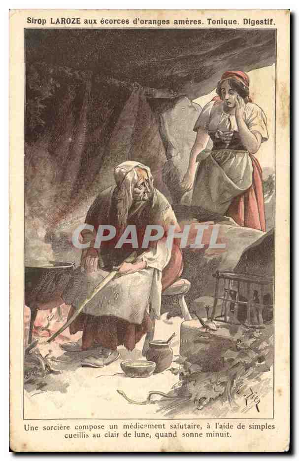 CPA Fantaisie Illustrateur Une sorciere compose un medicament salutaire Sirop Laroze 