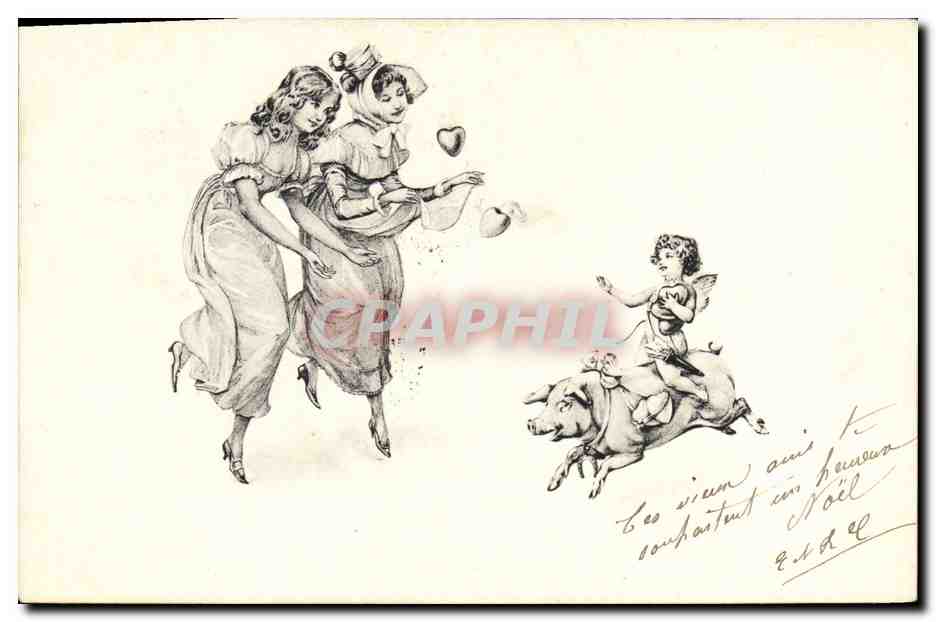 CPA Fantaisie Illustrateur Femmes Ange Porc Cochon 