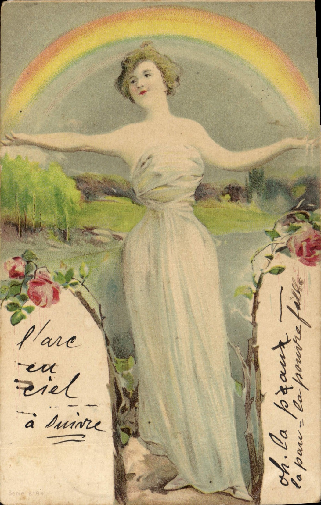 CPA Fantaisie Illustrateur Femme Arc en ciel 