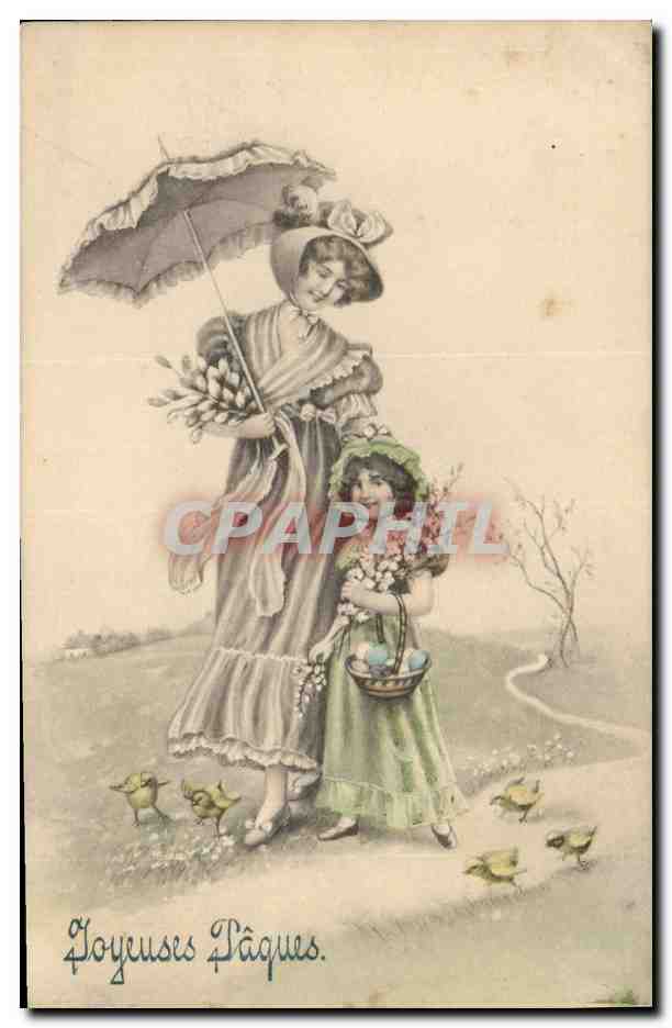 Frau und Kind mit Küken — Frohe Ostern — Verlag nicht sichtbar