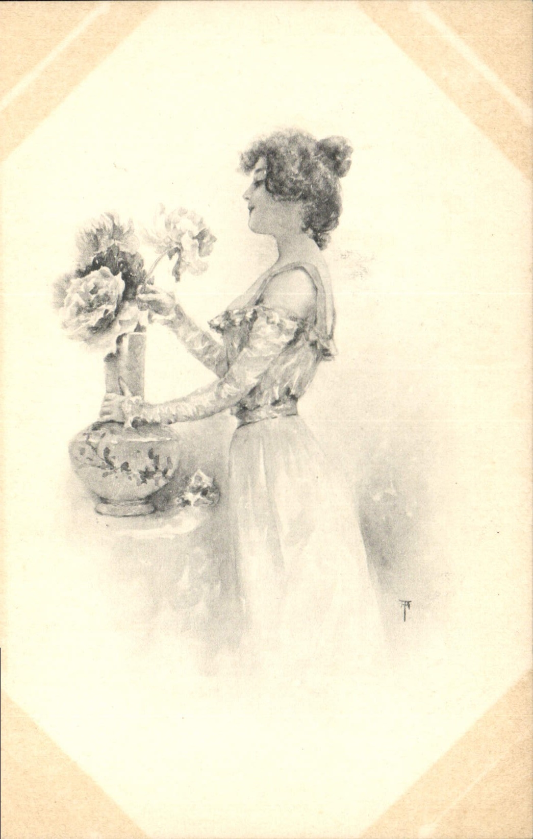 Femme en robe élégante arrangeant des fleurs dans un vase — illustration signée 'T.T.' — CPAPHIL