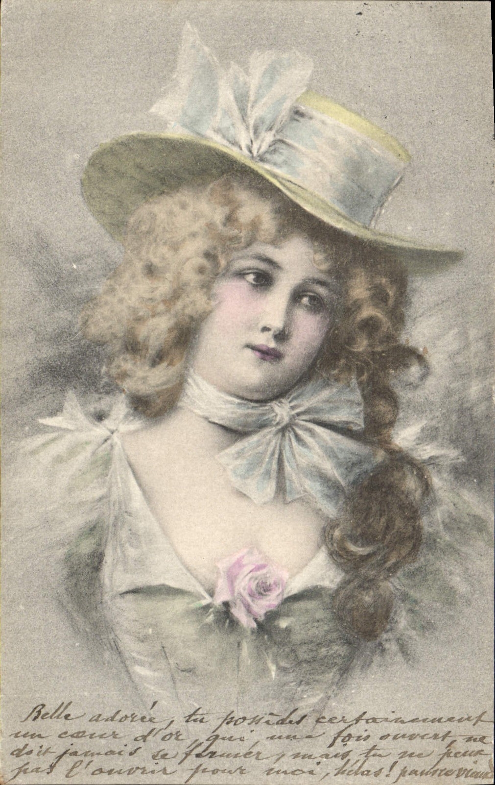 Jeune femme en chapeau à plume — texte amoureux — éditeur M. M. Vienne