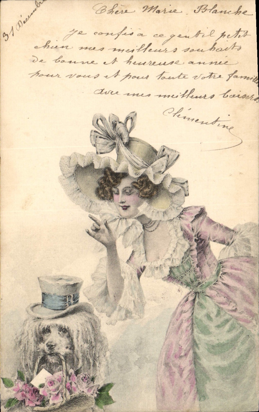 Femme en chapeau à rubans — avec chien en costume — éditeur M. M. Vienne