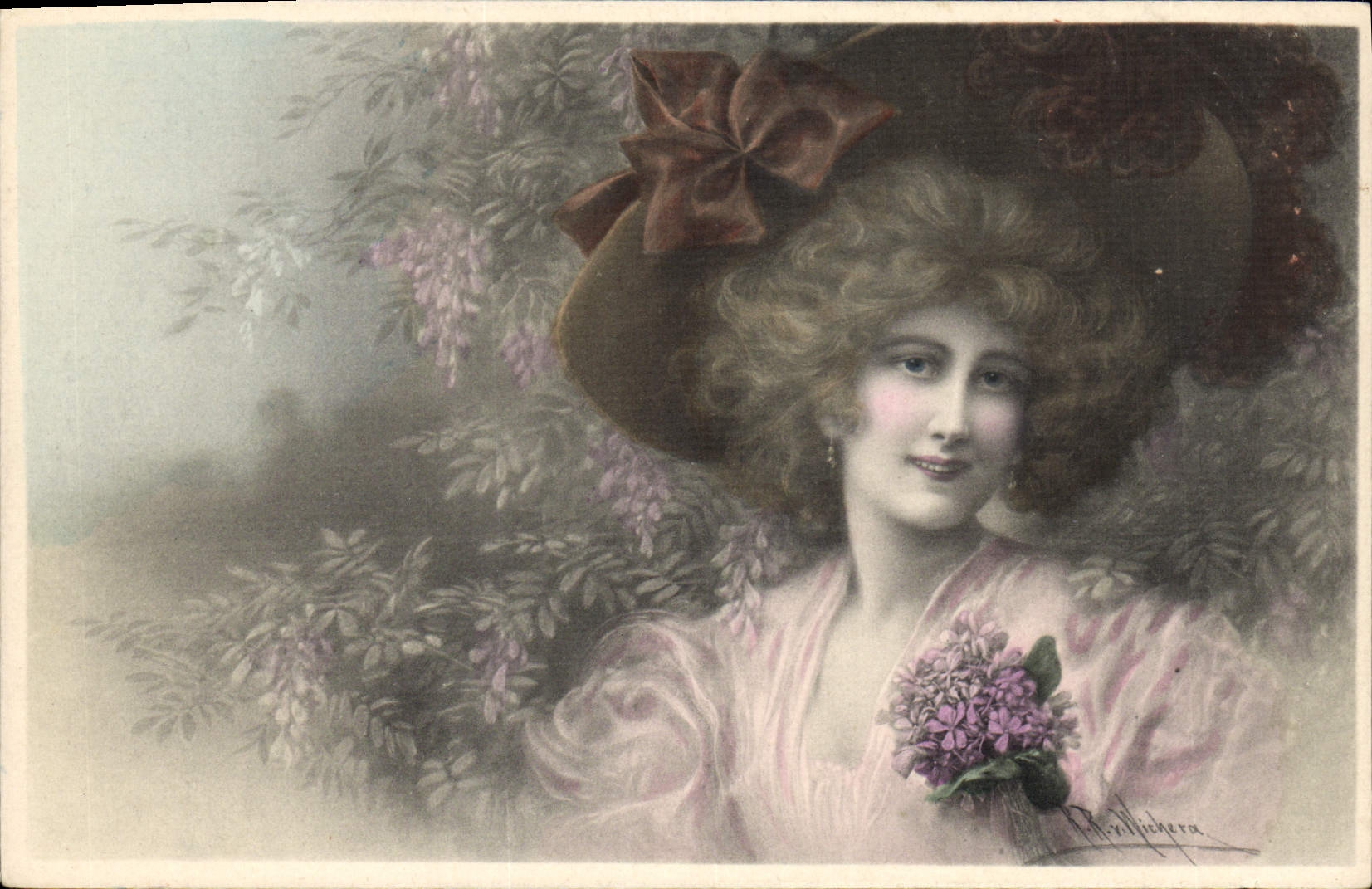 Jeune femme en chapeau à nœud — sous glycine — par R. Richera